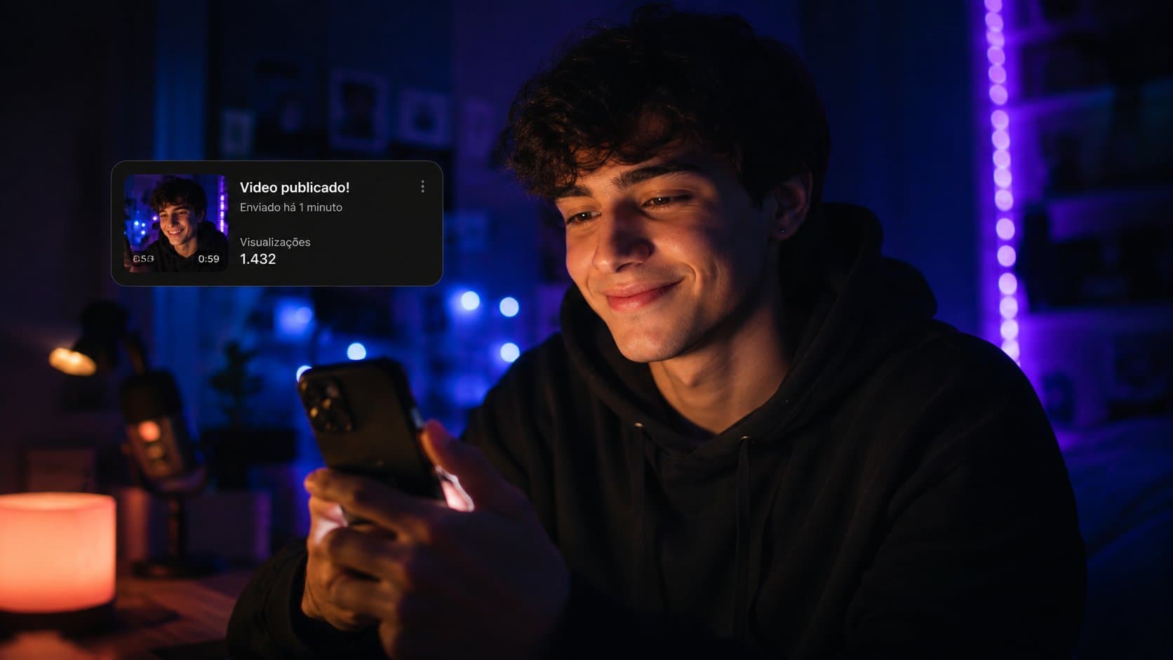 Criador sorrindo ao ver a notificação de vídeo publicado no celular