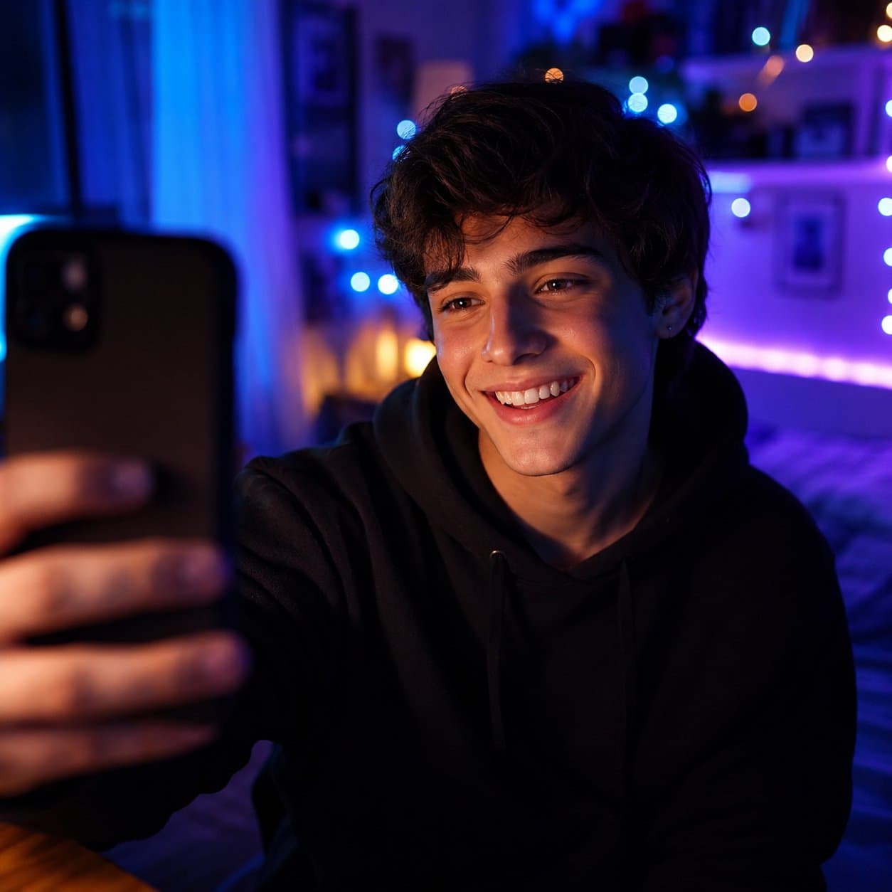 Criadora sorrindo enquanto grava conteúdo com o celular