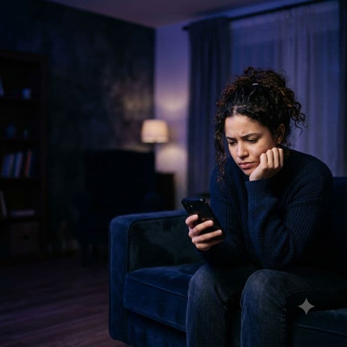 Pessoa pensativa olhando o celular, sem ideia do que postar