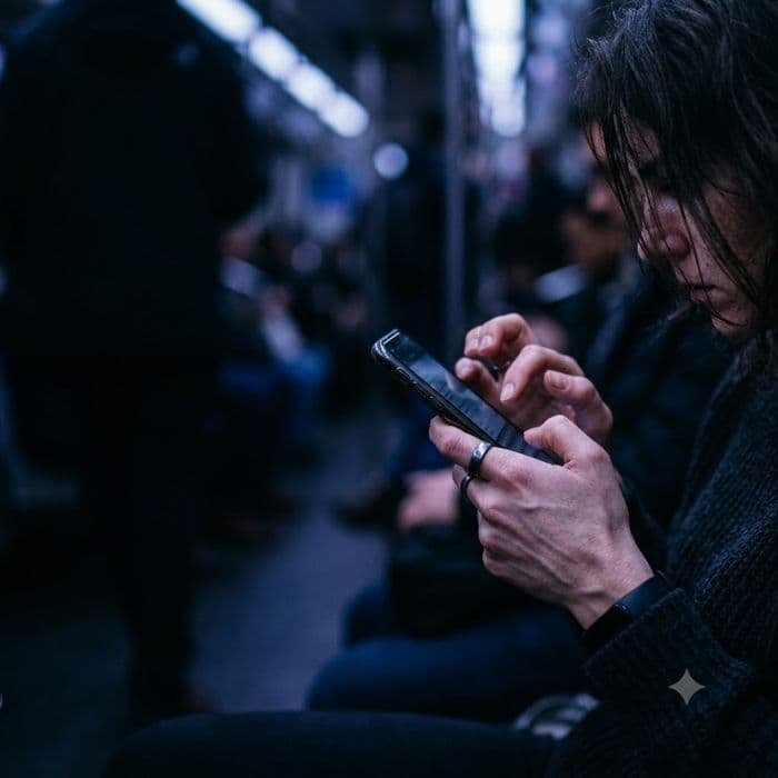 Pessoa mexendo no celular no meio da correria do dia a dia