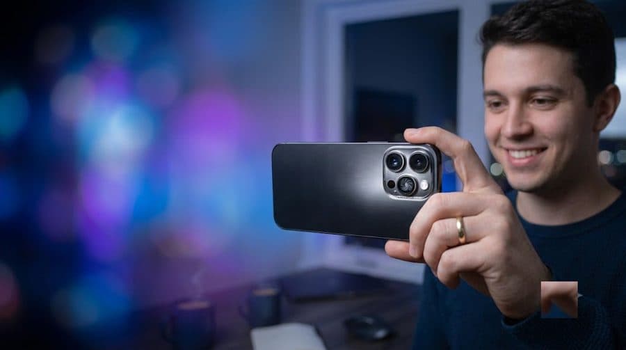 Criador sorrindo enquanto grava um vídeo com o celular